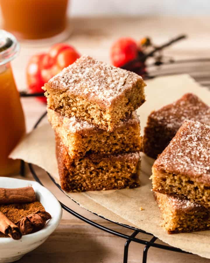 Apple Cider blondies stacked on a wire rack
